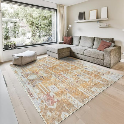 GLN Rugs Traditional Collection - Machine Washable Area Rug, Traditional Washable, Non Slip, Low Pile Chenille Rug, Living Room, Bedroom, Kitchen Rug (9' x 12' Sand/Light Gray)