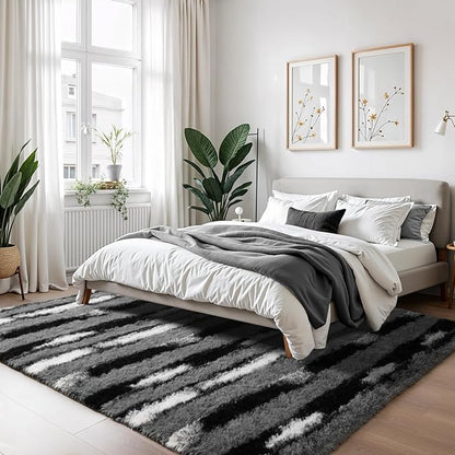 Zentavio Area Rugs for Living Room Large Rugs for Bedroom 6x9 Carpet Fluffy Fuzzy Soft Shag Aesthetic Plush High Pile Throw Rug for Nursery Kids Room Dorm Vertical Stripes Black White
