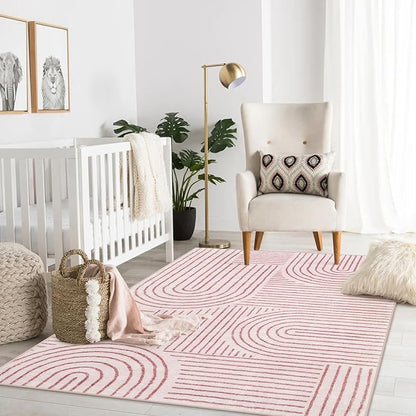 Lahome Abstract Washable Rugs, 4x6 Pink Rug for Bedroom Nursery Soft Non Slip Modern Living Room Rug, Ultra-Thin Non-Shedding Throw Carpet for Entryway Kitchen Office(4'x6',Pink)