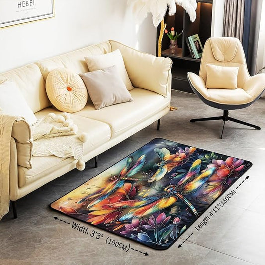 Dragonfly 3x5 Area Rug Colorful Flowers Rugs for Living Room | Watercolor Beetles Washable Rug, Dreamy Rustic Aesthetic Animal Carpet Indoor Floor Mat