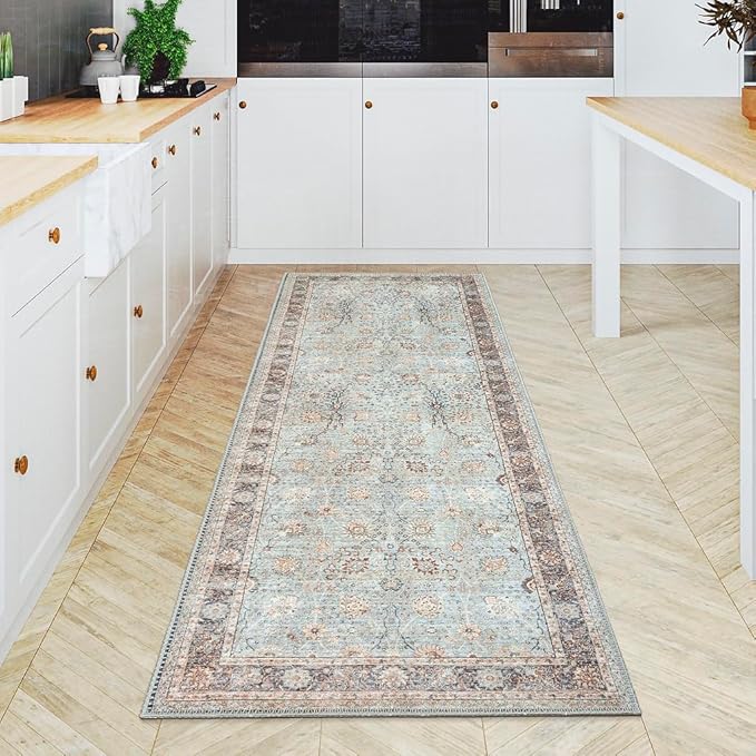 GLN Rugs Traditional Collection - Machine Washable Area Rug, Traditional Washable, Non Slip, Low Pile Chenille Rug, Living Room, Bedroom, Kitchen Rug (2'6" x 10' Light Blue)