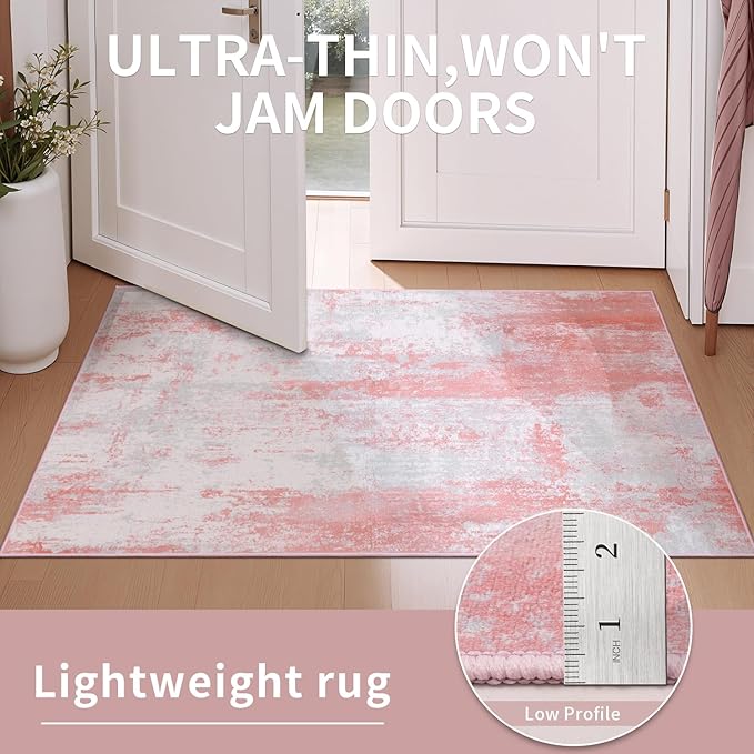 Ciicool Modern Abstract Rug for Living Room, 5x7 Machine Washable Area Rug Non-Slip Rug, Low-Pile Contemporary Indoor Dining Floor Carpet for Bedroom Office Under Table Home Decor Pink Grey