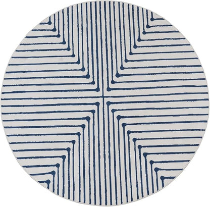 GLN Rugs Contemporary Collection - Machine Washable Area Rug, Contemporary Washable, Non Slip, Low Pile Chenille Rug, Living Room, Bedroom, Kitchen Rug (5'3" Round Blue Ivory)