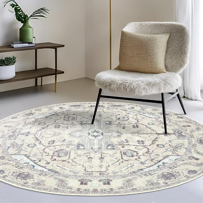 GLN Rugs Traditional Collection - Machine Washable Area Rug, Traditional Washable, Non Slip, Low Pile Chenille Rug, Living Room, Bedroom, Kitchen Rug (5'3" Round Cream/Gray)
