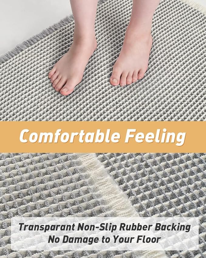 Upgraded Waffle Bath Mat, Super Absorbent Non Slip Bath Mats for Bathroom Floor, Machine Washable Bathroom Rugs with Tassels, Rubber Backed Bathroom Mats, Ultra Soft, 17" x 24",LightGrey & Cream