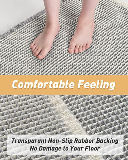Upgraded Waffle Bath Mat, Super Absorbent Non Slip Bath Mats for Bathroom Floor, Machine Washable Bathroom Rugs with Tassels, Rubber Backed Bathroom Mats, Ultra Soft, 24" x 36",LightGrey & Cream