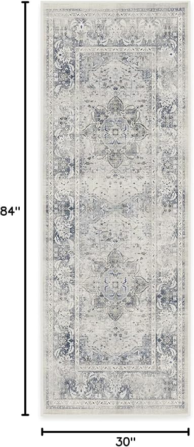 RUGGABLE Washable Vintage Runner Rug – Sarrah Blue Quartz 2.5x7, Stain-Resistant, Non-Slip Hallway Runner – Machine Washable Rug for Hallway, Entryway, Living Room & Kitchen–with Cushioned Pad