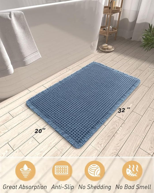 AMOAMI Upgraded Waffle Bath Mat, Super Absorbent Non Slip Bath Mats for Bathroom Floor, Machine Washable Bathroom Rugs with Tassels, Rubber Backed Bathroom Mats, Ultra Soft, 20" x 32", Blue