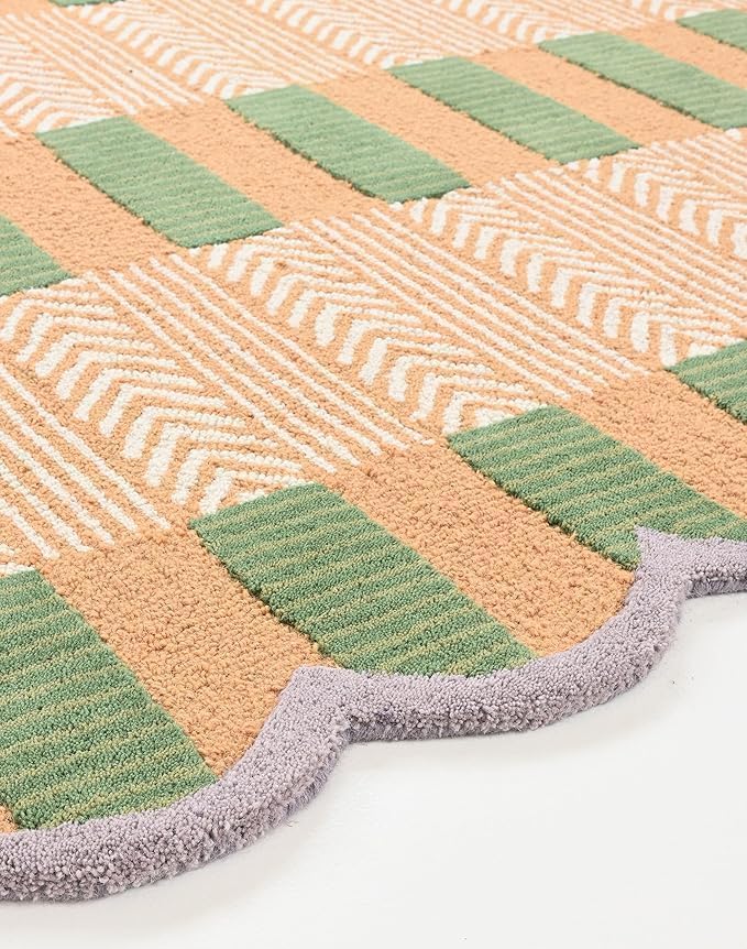 Handmade Scalloped Wool Area Rug - Modern Geometric Pattern, Green-Beige Stripes, Checkered Chevron Design - Soft, Durable Thick Carpet for Living Room, Bedroom (Beige, 8' x 10')