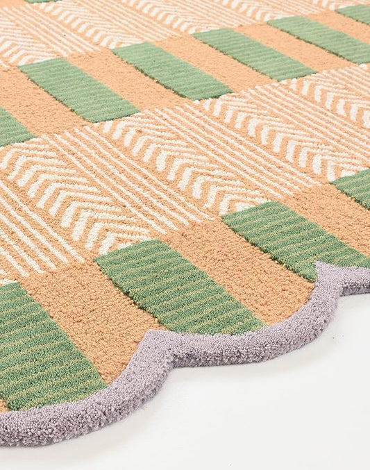 Handmade Scalloped Wool Area Rug - Modern Geometric Pattern, Green-Beige Stripes, Checkered Chevron Design - Soft, Durable Thick Carpet for Living Room, Bedroom (Beige, 4' x 6')