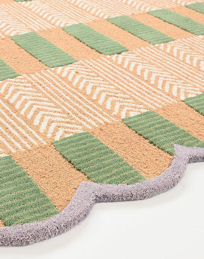 Handmade Scalloped Wool Area Rug - Modern Geometric Pattern, Green-Beige Stripes, Checkered Chevron Design - Soft, Durable Thick Carpet for Living Room, Bedroom (Beige, 9' x 12')