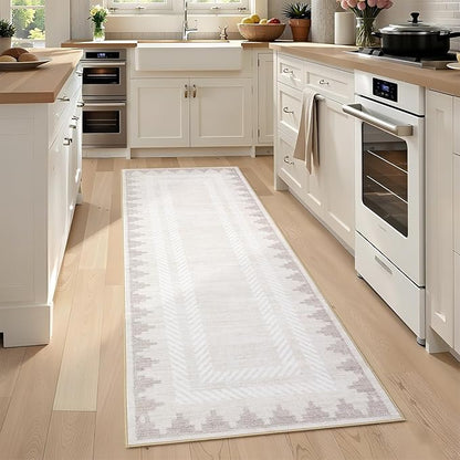 Bordered Washable Non Slip Runner Rug 2x6 for Hallway Kitchen Modern Fodable Stain Resistant Soft Bedroom Living Room Rugs Geometric Non-Shedding Low Pile Long Carpet, Beige
