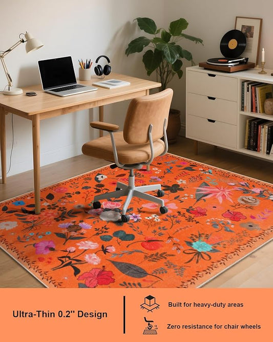 Boho Washable Area Rug 4x6 – Floral Low Pile Non-Slip Carpet for Living Room, Bedroom, Office, Playroom, Entryway, Kitchen, Dining Room (Orange)