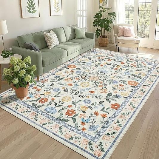 GarveeHome Washable Area Rug 9 x 12 for Living Room, Non-Slip Soft Vintage Rug, Low Pile Farmhouse Floral Carpet, Non-Shedding Indoor Foldable Printed Rugs for Bedroom, Green