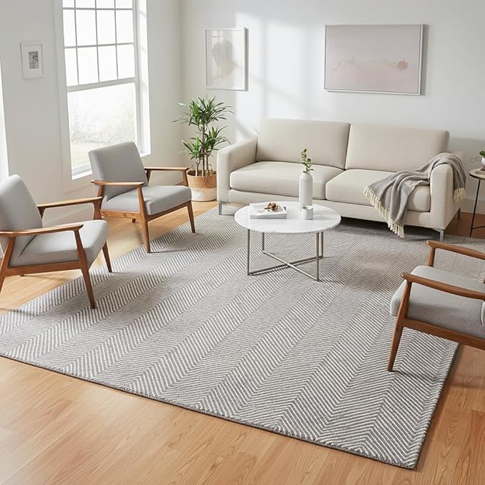 Modern Herringbone Chevron Collection Handcrafted Wool Area Rug - Durable, Zigzag Pattern, for High Traffic, Contemporary Design for Living Room, Bedroom, Dining Room Decor (Smoke Grey, 9' x 9')