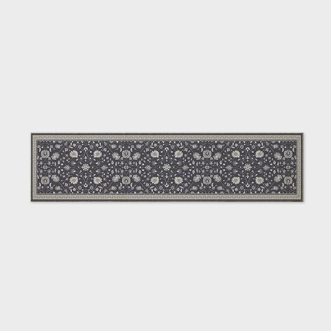 EVERGRACE Hallyway Area Runner Rugs 2x8, Boho Floral Faux Wool Indoor Outdoor Rugs, Washable Rugs for Bedroom Dining Room Living Room Kitchen, Low Pile Floor Mat Carpet for Home Decor, Ebony Black