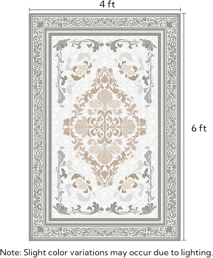 SOULFUL Medium Pile 4x6 Rugs for Living Room - Soft Foot Feel Area Rug - Light Taupe Boho Floral - Washable Non-Slip - Perfect for Bedroom Kids Room Under Dining Table Office