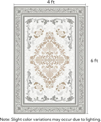 SOULFUL Medium Pile 4x6 Rugs for Living Room - Soft Foot Feel Area Rug - Light Taupe Boho Floral - Washable Non-Slip - Perfect for Bedroom Kids Room Under Dining Table Office
