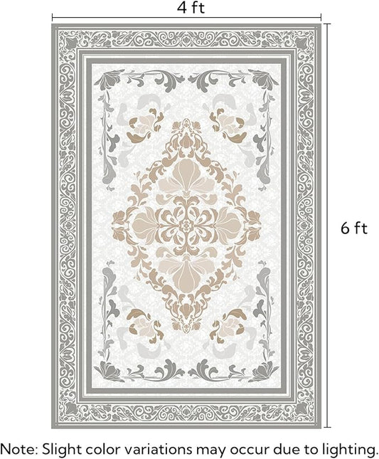 SOULFUL Medium Pile 4x6 Rugs for Living Room - Soft Foot Feel Area Rug - Light Taupe Boho Floral - Washable Non-Slip - Perfect for Bedroom Kids Room Under Dining Table Office