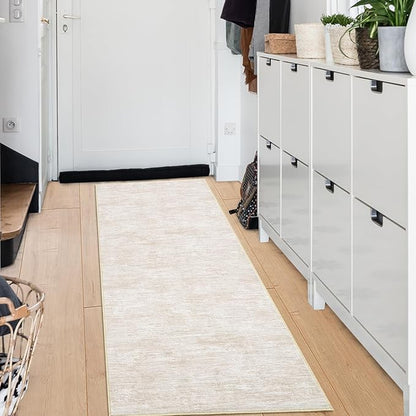 RUGSREAL 2x6 Runner Rug Washable Kitchen Runner Rug Modern Abstract Runner Mat for Hallway Contemporary Solid Rug Non-Slip Foldable Aesthetic Accent Floor Carpet for Living Room Bedroom, Beige