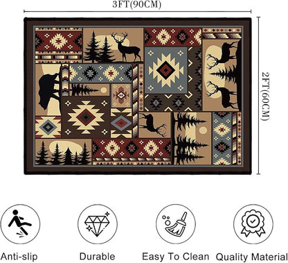 Rustic Cabin Wildlife Entrance 2x3 Rug,Buffalo Plaid Bear Moose Deer Country,Door Mat Indoor Throw Rugs Small Entryway Rug Doormat Washable Non Slip Vintage Floor Carpets Mat for Front Door,Bedroom