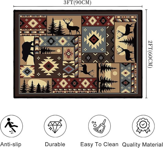 Rustic Cabin Wildlife Entrance 2x3 Rug,Buffalo Plaid Bear Moose Deer Country,Door Mat Indoor Throw Rugs Small Entryway Rug Doormat Washable Non Slip Vintage Floor Carpets Mat for Front Door,Bedroom