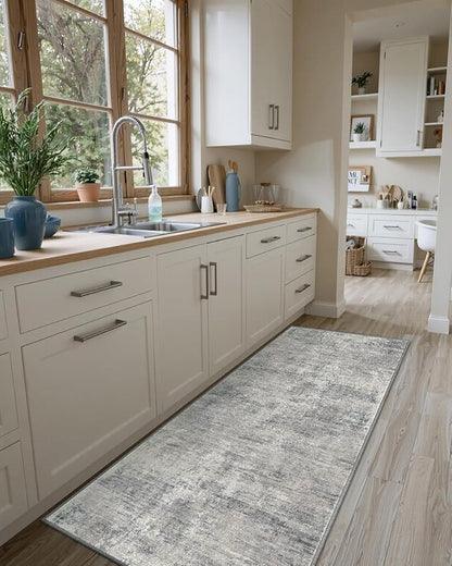 DEXI Hallway Runner Rug 3x12, Modern Abstract Non Slip Thin Soft Runners Carpet, Stain Resistant Washable Indoor Rug for Hallway Entryway Kitchen Laundry Room Living Room, Blue