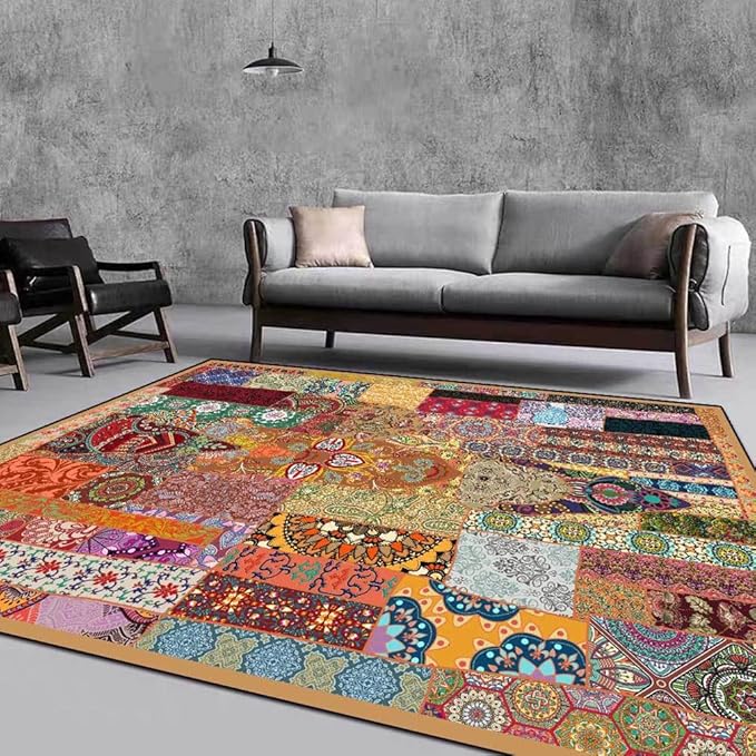 Vintage Boho Area Rugs Multicolor Ethnic Style Geometric Splicing Carpets Bedroom Living Room Kitchen Floor Mats Indoor Outdoor Non-Shedding Runner Rug Home Décor Carpet 2.6' X 5.2'