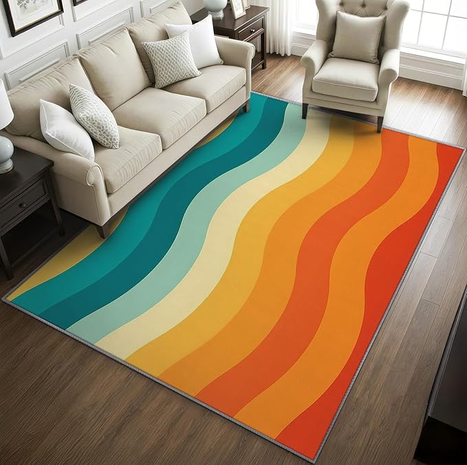 70s Rugs for Bedroom -Retro 70s Rug, 3x5 ft, Vintage Abstract Wave Area Rug, Colorful Groovy Washable Non-Slip Rugs for Entryway, Retro Swirl Striped Home Decor & Gifts