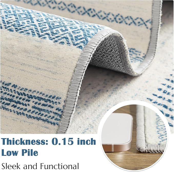 jinchan Moroccan Boho 8x10 Area Rugs for Living Room - Machine Washable Soft Throw Rug Bohemian Ripple Design Non-Slip Carpet for Bedroom Dining Room Home Office (8‘x10', Blue)