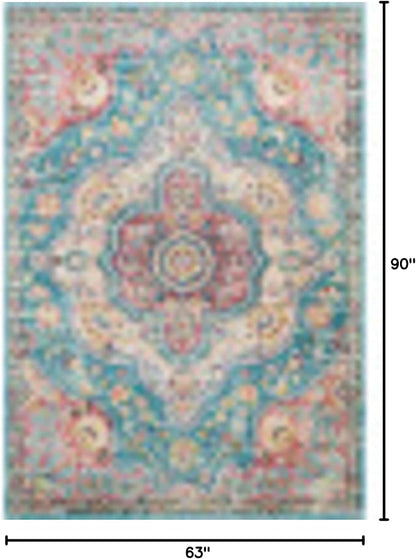 Livabliss Area Rugs - 5x7 Romaine Vintage Boho Navy Sky Blue Rose Area Rug for Living Room Bedroom - Floral Medallion Stain Resistant Carpet for Kitchen, Nursery, Office (5'3" x 7'6")