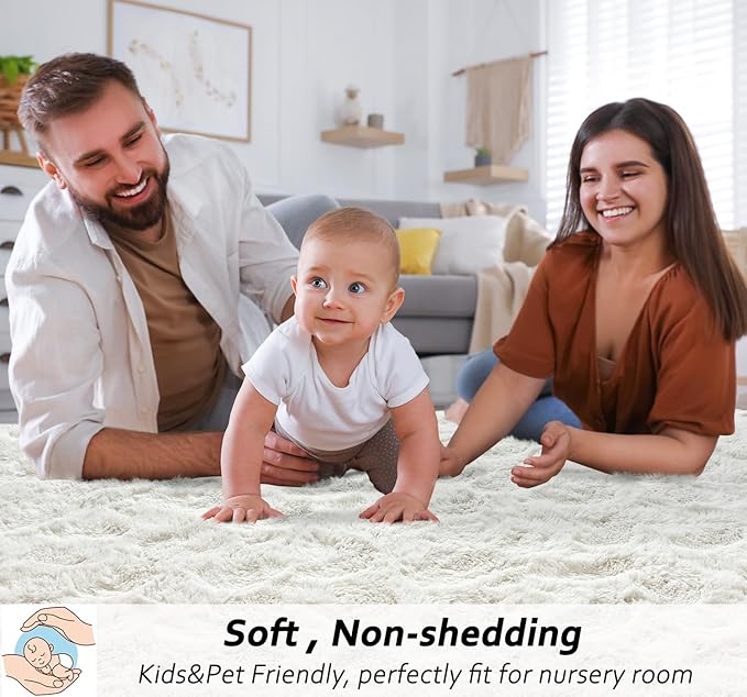 Beglad Fluffy Large Area Rugs 6x9 Feet, Modern Minimalist Style Shag Fuzzy Rugs, Non-Slip Indoor Carpet Soft Rugs for Kids Room, Bedroom & Living Room, Cream White
