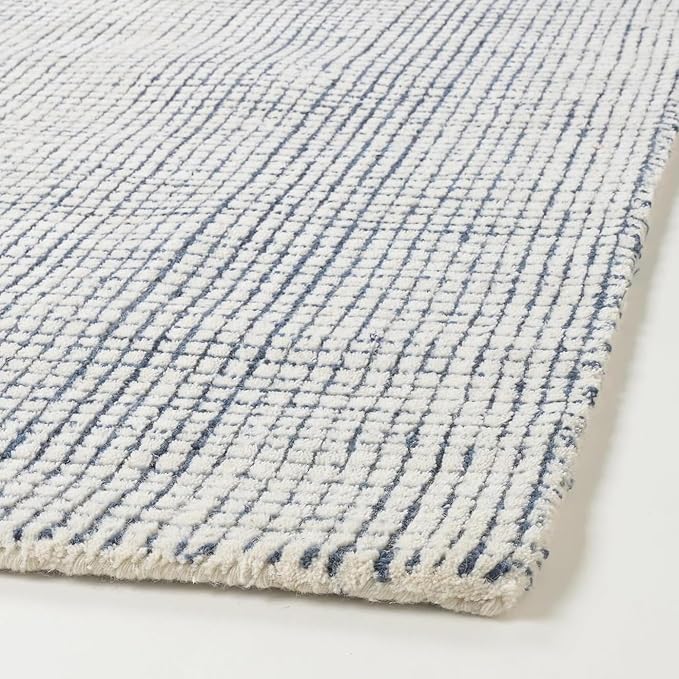 Hand-Tufted 100% Wool Pile Area Rug – Geometric Textured Grid Check Pattern – Thick and Durable Floor Carpet for Bedroom, Living Room, Kids Room, and Dining Area (Indigo Blue, 6' x 6')