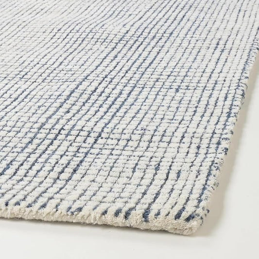 Hand-Tufted 100% Wool Pile Area Rug – Geometric Textured Grid Check Pattern – Thick and Durable Floor Carpet for Bedroom, Living Room, Kids Room, and Dining Area (Indigo Blue, 5' x 5')