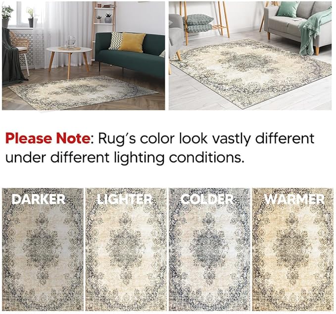Keen Home Design 6x9 Rug - Machine Washable Area Rug with Non-Slip Backing, Ideal for Living Room, Dining Room, Bedroom - Vintage, Easy Clean, Durable, Low Pile - (6' x 9')
