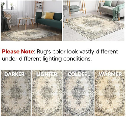 Keen Home Design 6x9 Rug - Machine Washable Area Rug with Non-Slip Backing, Ideal for Living Room, Dining Room, Bedroom - Vintage, Easy Clean, Durable, Low Pile - (6' x 9')