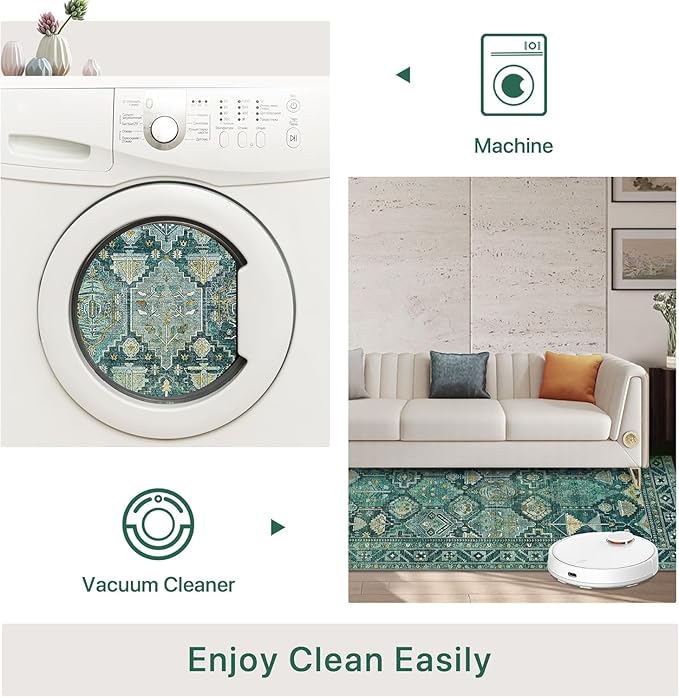 Bavni 2x3 Entryway Rug Bathroom Rugs for Front Door Bedroom Bathroom Kitchen, Washable Vintage Print Carpet, Ultra-Thin Chenille Lightweight Rug with Non Slip Backing, Dark Green