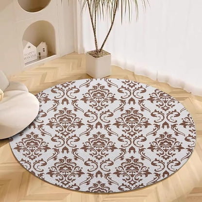 Oriental Tribal Floral Round Rug Vintage Brown Pattern Area Rug Washable Soft Non-Slip Floor Carpet Low Pile Accent Rugs for Entryway Living Room Dining Room Bedroom Home Office 7ft