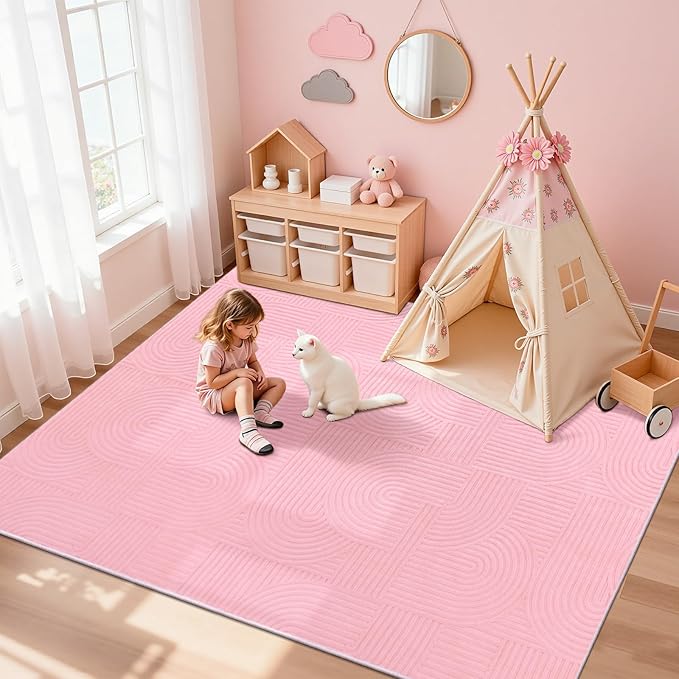 Pauwer 8x10 Washable Area Rugs for Living Room Modern Pink Solid Color Soft Fluffy Rugs for Bedroom Non Slip Boho Accent Indoor Mat Floor Carpet Cover for Kids Room Dining Room Kitchen Office, Pink