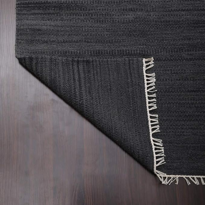 Rugsotic Carpets Hand Woven Flat Weave Kilim Wool ECO-Friendly Area Rugs - 8'x10', Rectangle Shape, Charcoal Color, Solid Plain Design, Low Pile Handmade Rugs for Living Room, Bed Room (D00111)