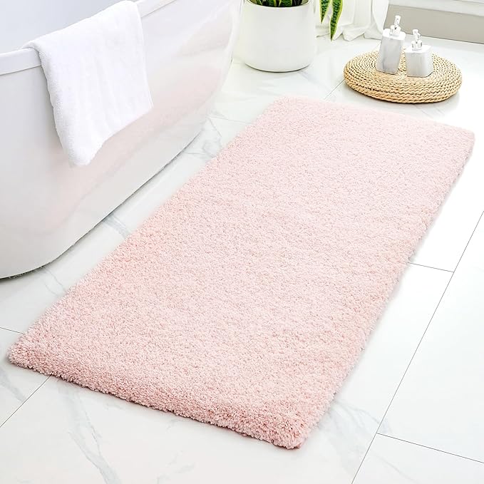 Pink Bathroom Runner Rug 24x70 Non Slip Fluffy Long Bath Mat for Bathroom Floor Washable Plush Luxury Bath Rug for Tub Absorbent Shower Sink Mat Bedside Rug