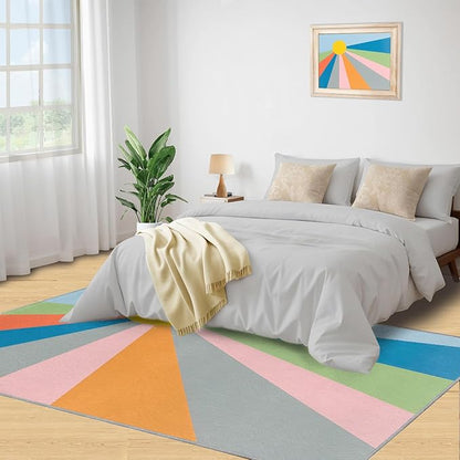Boho Sun Area Rugs 5x6ft, Abstraction Deco Rugs for Kids Bedroom, Minimalist Sunburst Office Rug Low Pile are Not Stumbling Foot for Living Room End Table Nursery
