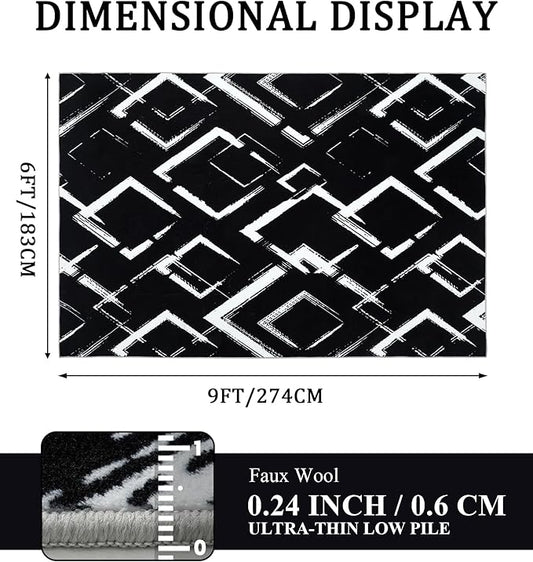 YIHOUSE Black Modern Geometric Area Rug 6x9, Black and White Rug with Abstract Diamond Patterns,Non-Shedding Washable Rugs for Bedroom, Home Office and Living Room