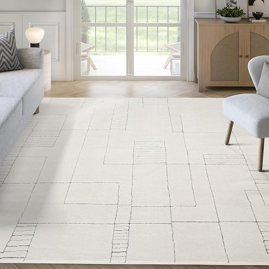 Abani Cream Area Rug – 8' x 10' – Oliver Collection – Geometric Linework Pattern – Non-Shedding, Easy to Clean – Durable for Living Room, Bedroom, or Office, Pet & Child Friendly