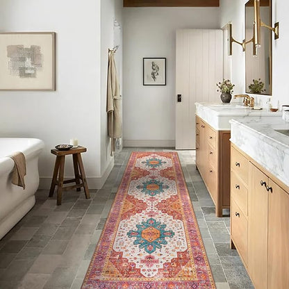 Moynesa Ultra-Thin Washable Rug - 2'6" x 10' Pink Long Hallway Carpet, Vintage Non Skid Non Shedding Low Pile Bedroom Mat for Girl's Room, Bathroom, Kitchen