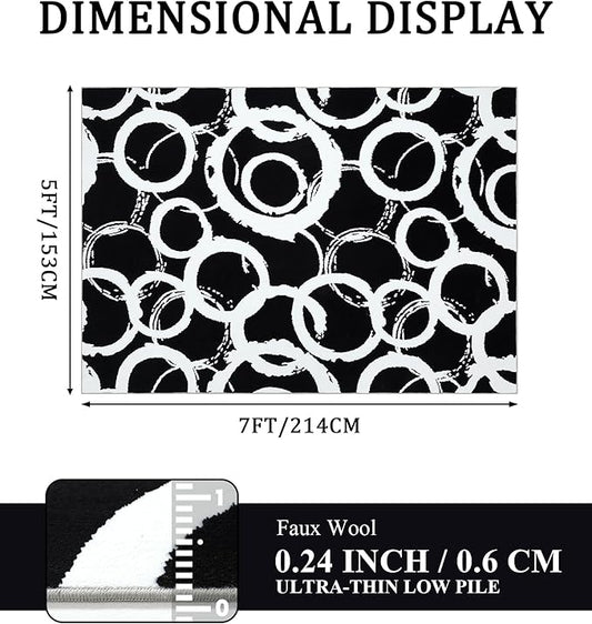 YIHOUSE Black Modern Geometric Area Rug 5x7, Black and White Rug with Abstract Circles,Non-Shedding Washable Rugs for Bedroom, Home Office and Small Living Room
