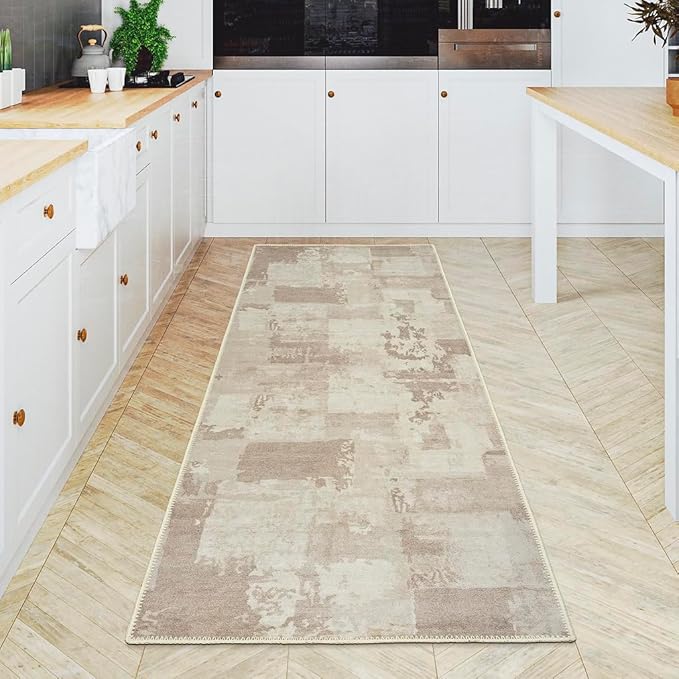GLN Rugs Contemporary Collection - Machine Washable Area Rug, Contemporary Washable, Non Slip, Low Pile Chenille Rug, Living Room, Bedroom, Kitchen Rug (2'6" x 7' Abstract Tan)