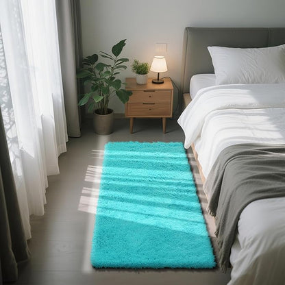 Teal Blue Rug Fluffy Rugs, 2x4 Teal Area Rugs for Bedroom, Soft Cute Baby Play Mat, Indoor Floor Carpet for Teen, Nursery, Preppy Dorm, Plush Aesthetic Bedside Rug