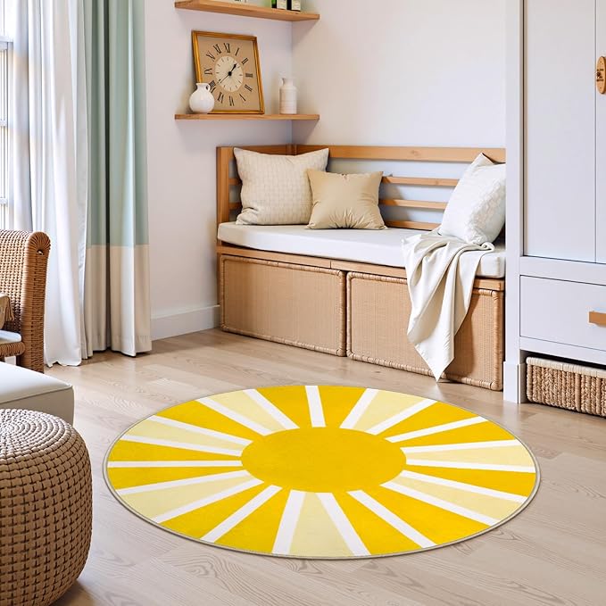 Lahome Yellow Rainbow Sun Round Rug: 3ft Washable & Non-Slip Low Pile with Cute Boho Print for Nursery, Bathroom, Bedroom, Kids Room & Dorm