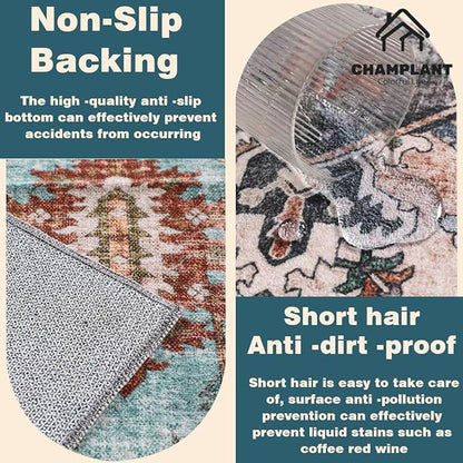 Washable Area Rug 8'x10' Vintage Traditional Mat Distressed Indoor Foldable Accent Thin Rug Retro Floral Non Slip Carpet Living Room Dining Room Office